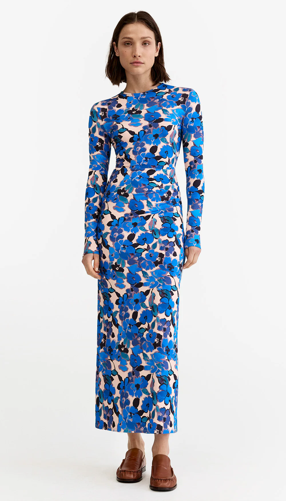 Ruched Crewneck Midi Dress